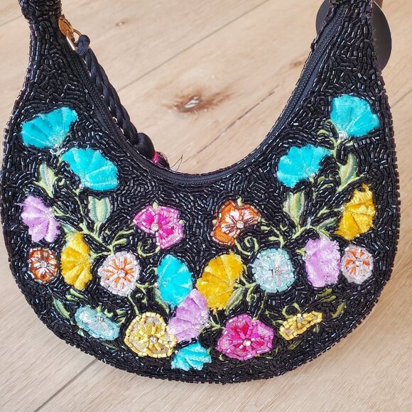 Made In India Floral Beaded Embellished Shoulder Bag Black Multi NWT Viral Boho - Picture 10 of 16